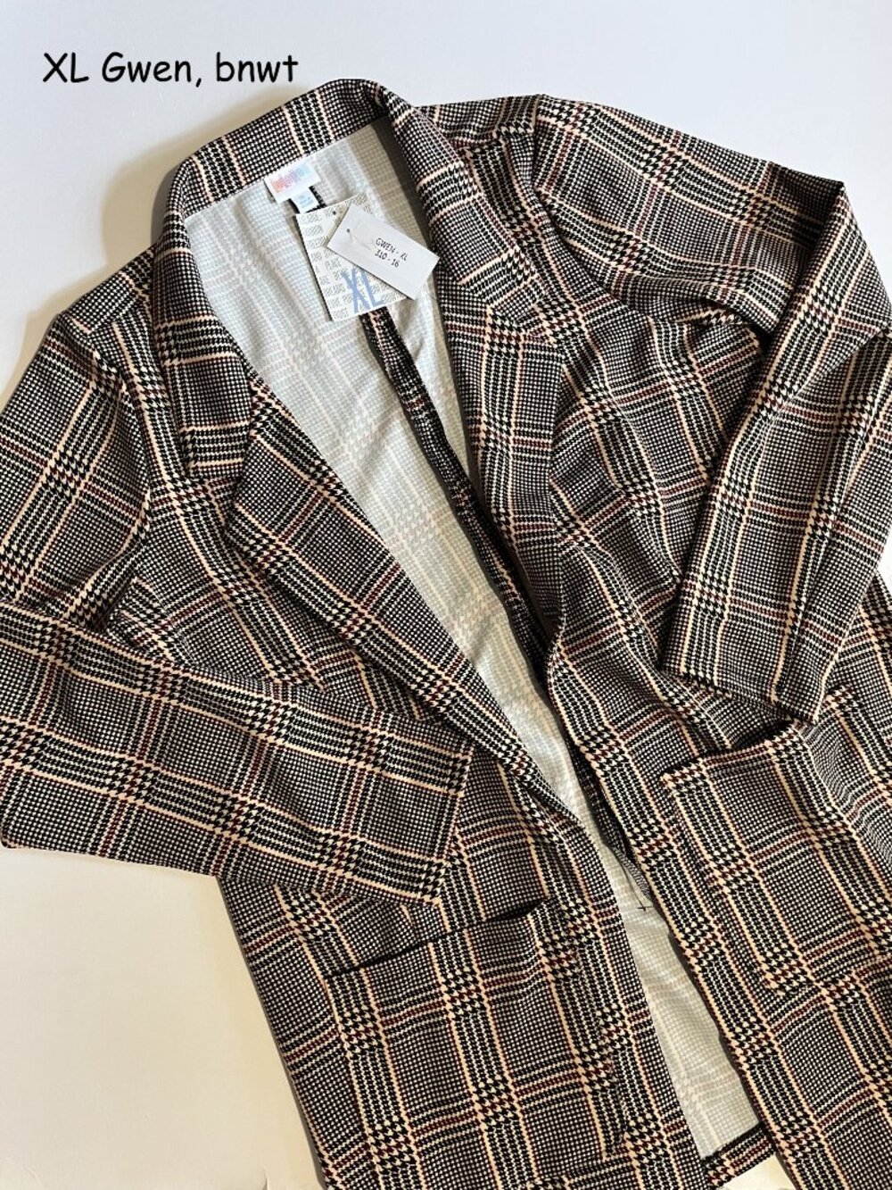 XL Lularoe Gwen blazer, cream with black and burgundy herringbone